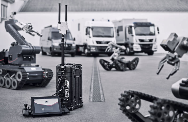 Photo of the Robo Command Control Station grouped with AeroVironment's UGVs